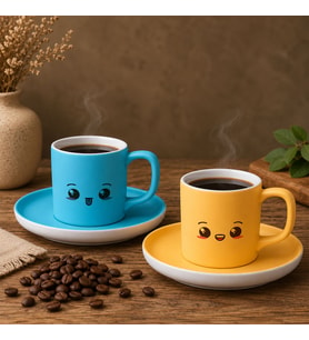 BK Gift 2'li Turkuaz ve Sarı Renkli Emoji Yüz Tasarımlı Seramik Türk Kahvesi Fincanı Takımı-5