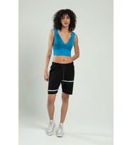 Sifu Tekstil Kadın Özel Sprey Boyamalı V Yakalı Spor Triko Atlet Büstiyer Crop Top Bluz SFYZ1013 (Mavi)