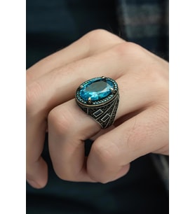 Oval Aqua Mavi Taşlı 925 Gümüş Erkek Yüzük