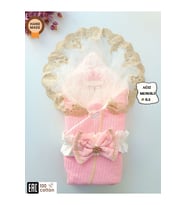 Pembe Triko Örgü Kız Bebek Batttaniyesi Kundağı Kalın Dantelli Yenidoğan Hastane Çıkışı Hediyelik (Pembe)