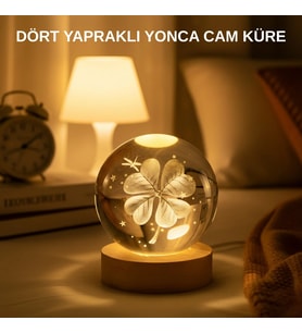Usb Bağlantılı Yonca Bitkili Cam Küre Ahşap Altlıklı Dekoratif Lamba