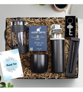Kişiye Özel Siyah Mat Roller Kalem & Özel Deri Kılıflı 500 Ml Su Matarası & Siyah Mat Kupa & Siyah French Press & Alerya Premium Filtre Kahve & Açacaklı Anahtarlık Hediye Seti