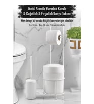 Metal Standlı Yuvarlak Kovalı & Kağıtlıklı & Fırçalıklı Beyaz Banyo Takımı