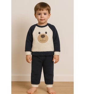 Ayıcık Nakışlı Bebek&Çocuk Kışlık Peluş Welsoft Alt Üst Takım-Bej