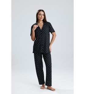 Kadın Düğmeli Puantiye Desen Kısa Kollu Pijama Takım  Siyah
