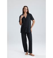 Kadın Düğmeli Puantiye Desen Kısa Kollu Pijama Takım  Siyah