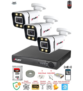 FURY 3 Kameralı Full Hd Gece Renkli - Su Geçirmez Ultra Led Güvenlik Kamerası Seti 320GB