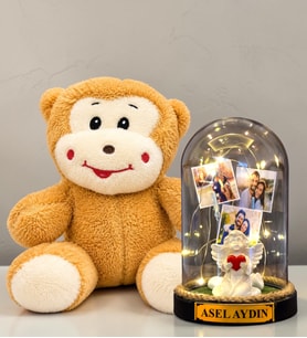 Kişiye Özel 3 Fotoğraflı LED Işıklı Fanus ve Sevimli Peluş Maymun Hediye Seti (beyaz melekli)