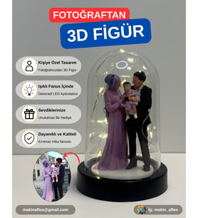 Işıklı) Fanus İçinde Kişiye Özel 3D 3 Kişilik Figür (10cm)