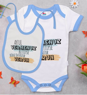 BK Kids Akul Vermenuz Bittiyse Tasarımlı Mavi Bebek Body Zıbın ve Mama Önlüğü Hediye Seti-1