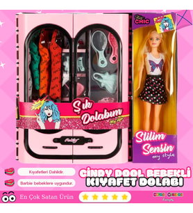 Cindy Doll Bebekli Aksesuarlı Gardırop Açık Pembe - Barbie Dolap - Barbie Giysi Dolabı - Barbie Gard