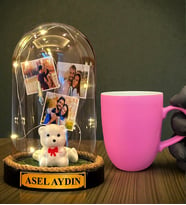 Kişiye Özel Tasarım Led Işıklı Fanus ve Pembe Kupa Bardak Hediye Seti (Model 3)
