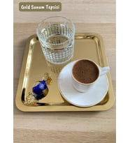 Gold Sunum Tepsisi Paslanmaz Kahve Tepsisi Çelik Tepsi Kare Çeyizlik Tepsi