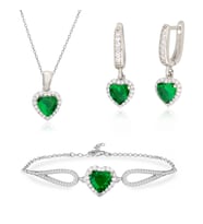 925 Ayar Gümüş Swarovski Zümrüt Kalp Takı Seti (Gümüş)