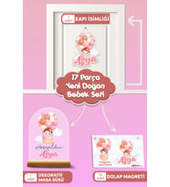 Kişiye Özel Renkli Balon Temalı 17 Parça Yenidoğan Bebek Seti - Kapı Süsü, Masa Süsü, Magnet (Model 2)