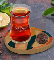 BK Gift Kişiye Özel Modern Art Tasarımlı Doğal Ahşap Tabaklı Heybeli Çay Bardağı Sunum Seti Model 8