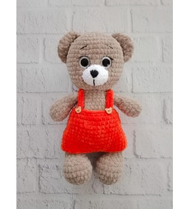Turuncu Tulumlu Sevimli Ayıcık Amigurumi Organik Oyuncak