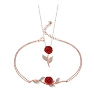 925 Ayar Gümüş Zirkon Taşlı Gül Tasarım Kolye Bileklik Seti (Rose)