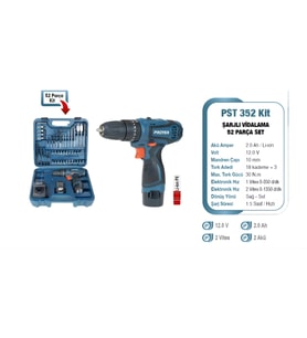 Proter PST 352 KİT 12 V 2.0 Ah Li-ion Pil 2 Vts Darb.Şarjlı (52 Parça Set) P1EA111