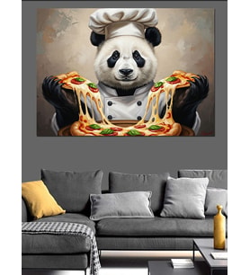 Pizza Hazırlayan Sevimli Panda Aşçı Dekoratif Kanvas - Mdf Ahşap Tablo