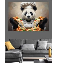 Pizza Hazırlayan Sevimli Panda Aşçı Dekoratif Kanvas - Mdf Ahşap Tablo