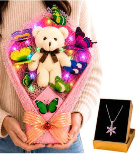 Renkli LED Işıklı Peluş Ayıcık Buketi ve Pembe Ametist Taşlı Lotus Kolye Sevgiliye Kadına Hediye Seti