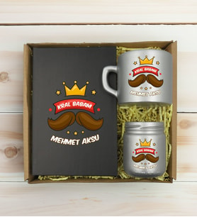 BK Gift Kişiye Özel İsimli DTF Baba Temalı Antrasit Defter & Gümüş Kahve Fincanı & Mum Hediye Seti-3, Babaya Hediye, Babalar Günü Hediyeleri