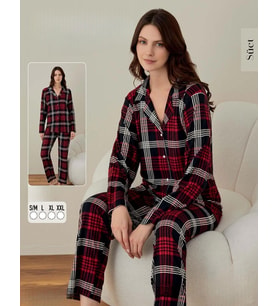 Boyraz Kadın Süet Boydan Düğmeli Pijama Takımı 02007 - 1 Adet (Kırmızı)