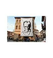 Siyah - Beyaz Mustafa Kemal Atatürk Silüeti ve İmza Poster Bayrak Premium Raşel Kumaş ATA28
