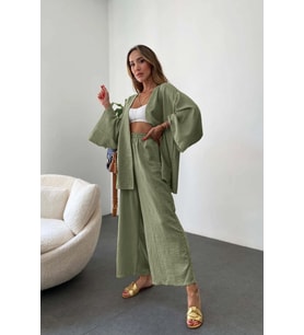 Keten Kadın Salaş Kimono İkili Takim (Haki)