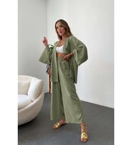 Keten Kadın Salaş Kimono İkili Takim (Haki)