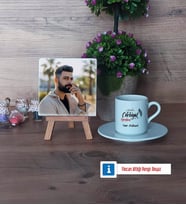 Edebiyat Öğretmeni Fotoğraflı Dekoratif Taş, Ahşap Altlıklı Türk Kahvesi Fincanı Hediye Öğretmenler Günü Hediyesi (Model 2)
