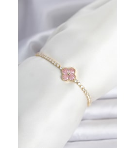 Pirinç Gold Renk Pembe Zirkon Taşlı Yonca Model Su Yolu Kadın Bileklik