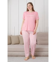 Mirano 3503 Çizgili Pijamalı Kısa Kollu Büyük Beden Pegasus Kumaş Kadın Pijama Takımı