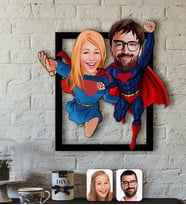 BK Gift Kişiye Özel Süper Sevgililer Karikatürlü 3D Ahşap Tablo-1