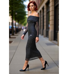 Kadın Fashion Forward Stilde Balık Siluet Uzun Kollu Puantiyeli Tül Abiye Elbise Kış Akşamları.