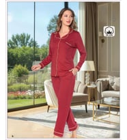 Melodi Kadın %100 PAMUK Önden Düğmeli Uzun Kol Baharlık Pijama Takımı 16220- 1 Adet (Bordo)