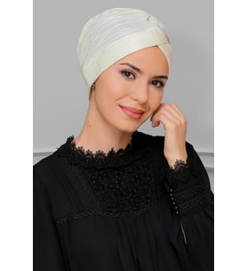 Krem Pratik Hazır Geçmeli Tesettür Bone Fukuro Piliseli Tek Çapraz Büzgülü 1824_40