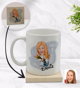 BK Gift Kişiye Özel Kadın Karikatürlü Beyaz Kupa Bardak ve Ahşap Bardak Altlığı Hediye Seti - Model 13