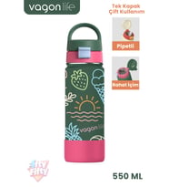 550 ML Desenli Tek Kapak Çift Kullanım Pipetli Rahat İçim Kulplu Paslanmaz Çelik Termos 1109-550ML