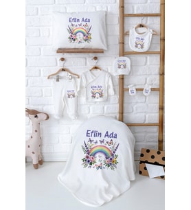 Pia Baby Premium İsmine Özel %100 Pamuk Yeni Doğan Kız Bebek Hediyesi 5045-02 (Ekru)