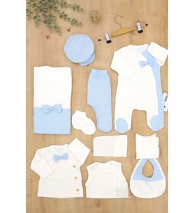 Erkek Bebek Beyaz Mavi Natıral Pamuk Kumaş Lüks 10 Lu Hastane Çıkışı Set STL6788
