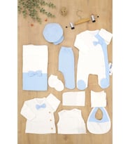 Erkek Bebek Beyaz Mavi Natıral Pamuk Kumaş Lüks 10 Lu Hastane Çıkışı Set STL6788