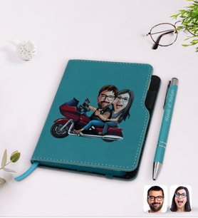 BK Gift Kişiye Özel Sevgililer Karikatürlü Turkuaz Termo Deri Defter Kalem Seti-103