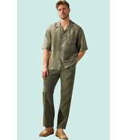Erkek Keten Oversize Fit Gömlek Apaş Yaka Düz Desen Kısa Kol Yaz Aylarının Vazgeçilmezi Hafta Sonu (Haki)