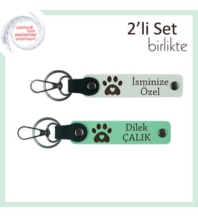 Kalpli Pati Figürlü 2’li Anahtarlık Seti, Evcil Hayvan Sahiplerine Özel, Beyaz-Açık Yeşil