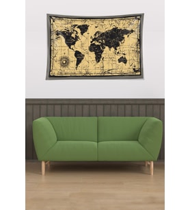 Eski Dünya Haritası Leke Tutmaz Kadife Dokulu Kumaş Duvar Örtüsü Duvar Halısı Tapestry (Bej)