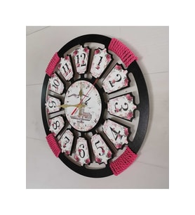 Bilge tasarım Ahşap Duvar Saati kırmızı Hasır Halat Detaylı 40 x 40 cm (Siyah)