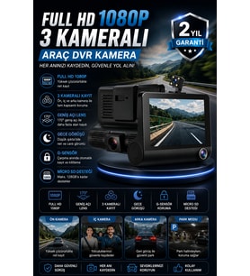 3 Kameralı Full HD DVR Araç Kamerası Gece Görüşlü