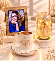 Kişiye Özel Fotoğraflı Hayat Ağacı Desenli Porselen Kahve Fincanı ve LED Şans Melekli Fanus